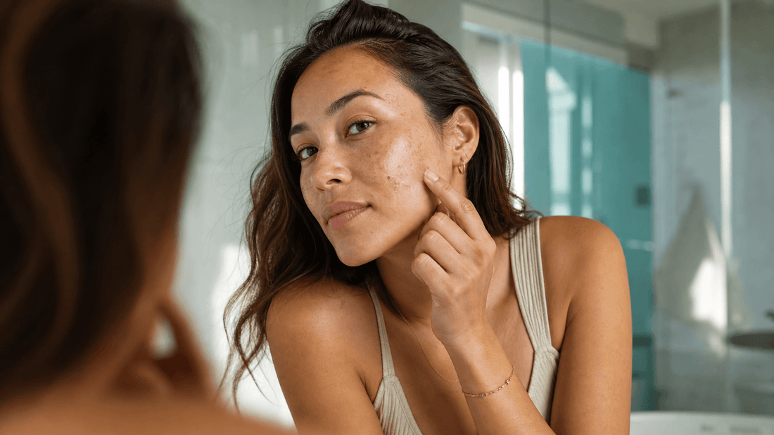 Woman examining natural facial dark spots in soft daylight