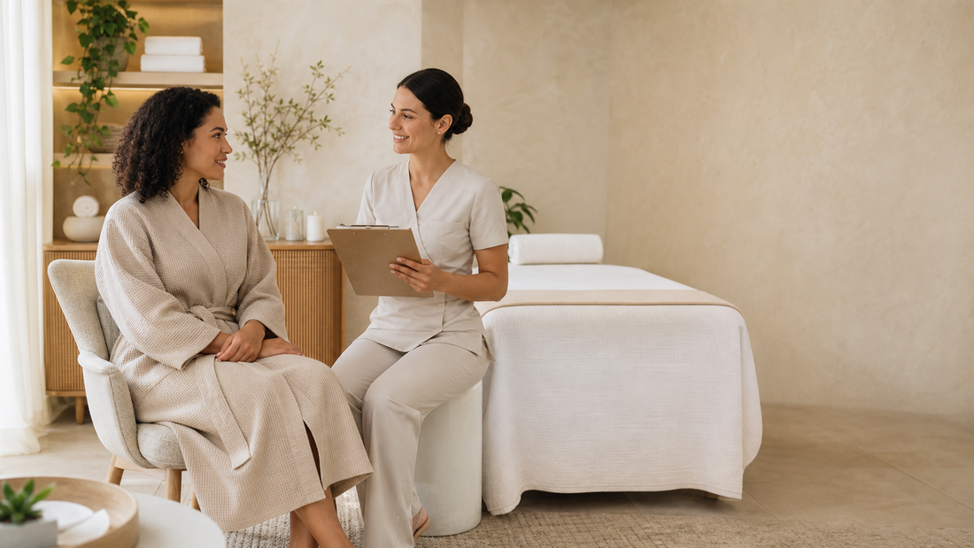 Client discussing a vajacial treatment with a professional esthetician